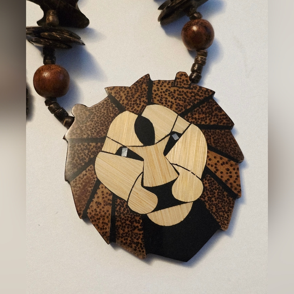 vintage lion head wood and shell statement necklace by Lee Sands